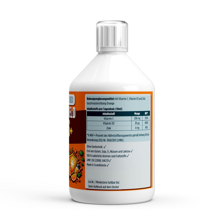 Vita Shield PLUS+ Shots - Fresh Orange - 500ml – Fit-Inn Remix-Etikett (Rückseite mit Etikett)