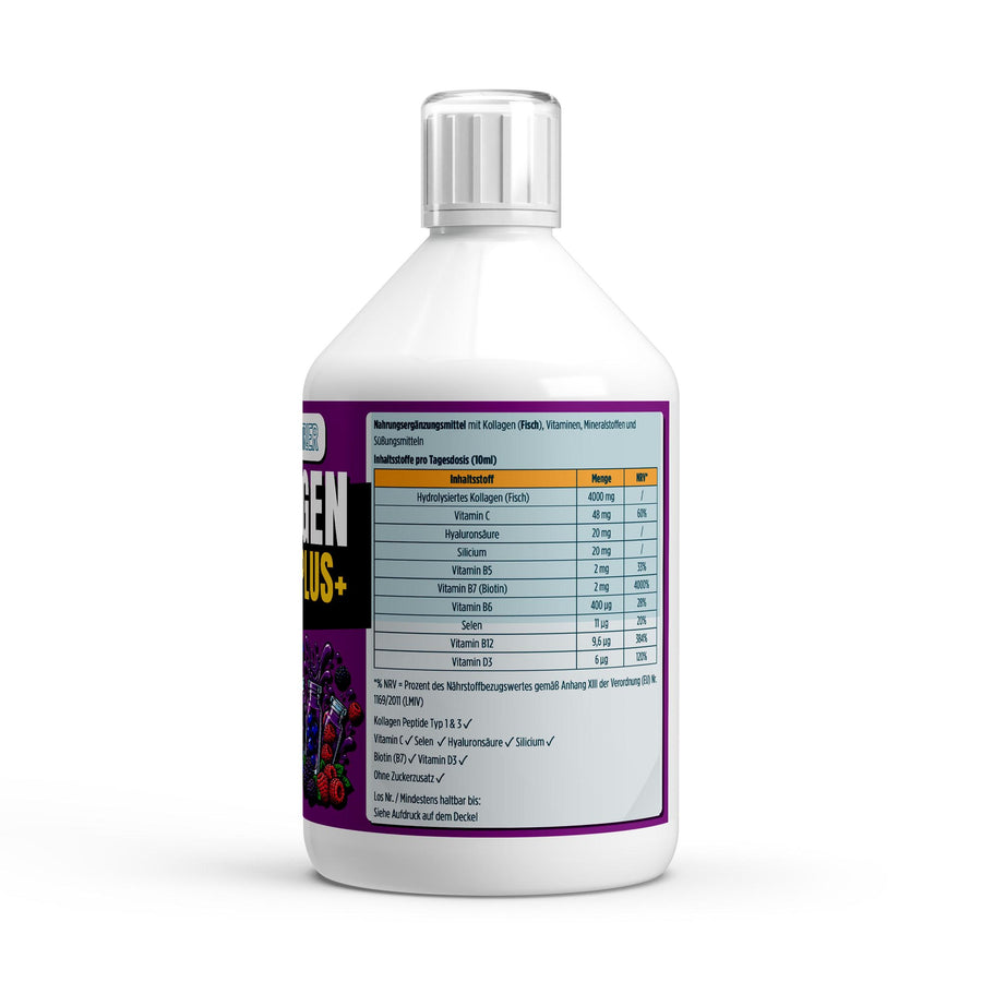 Kollagen Marine Plus (1500 DA) + - 50 Shots - Wildbeere - 500ml – Fit-Inn Remix-Etikett (Rückseite mit Etikett)