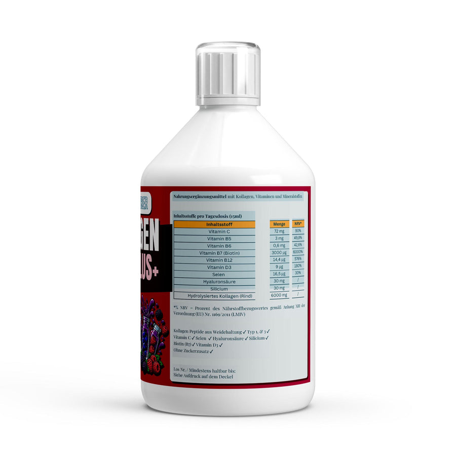 Kollagen Vital PLUS+ Shots (1500 DA) - Wild Berry - 500ml – Fit-Inn Remix-Etikett (Rückseite mit Etikett)