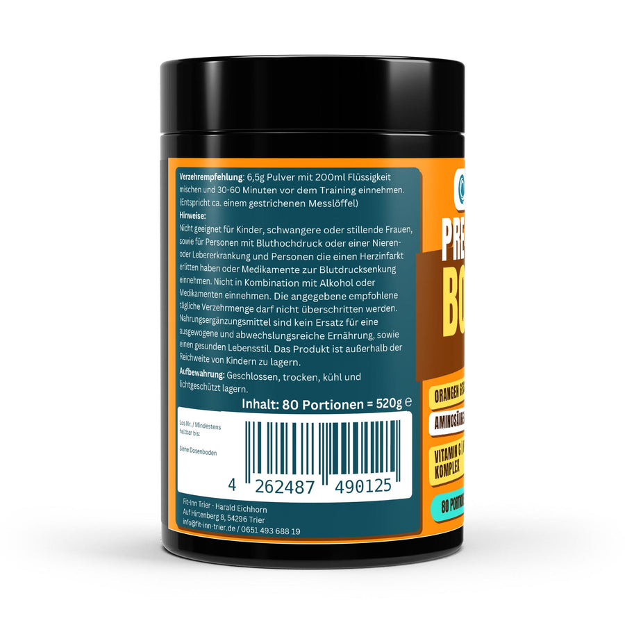 Pre-Workout Booster Orange - 520g – Fit-Inn Remix-Etikett (Rückseite mit Etikett)
