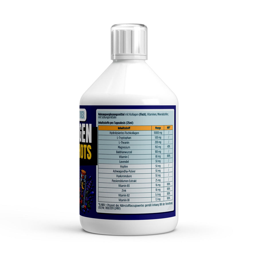 Kollagen Night Plus+ (1500 DA) Shots - 500ml – Fit-Inn Remix-Etikett (Rückseite mit Etikett)