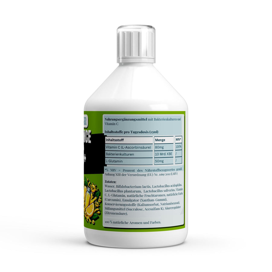 Vita Balance PLUS+ Bakterienkulturen - 33 vegane Lemon Shots - 500ml – Fit-Inn Remix-Etikett (Rückseite mit Etikett)