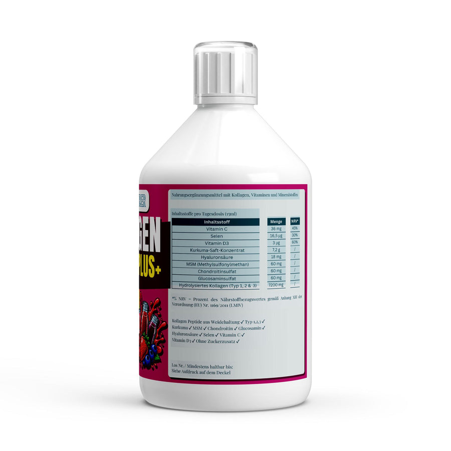 Kollagen Support PLUS+ Shots (1500 DA) - Wild Berry - 500ml – Fit-Inn Remix-Etikett (Rückseite mit Etikett)