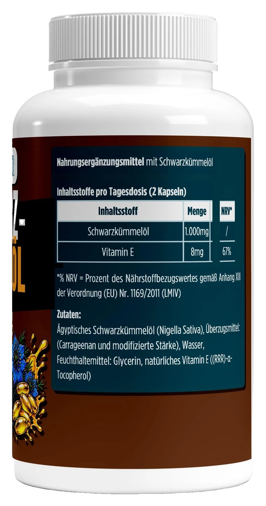 Ägyptisches Schwarzkümmelöl - 240 vegane Softgels – Fit-Inn Remix-Etikett (Rückseite mit Etikett)