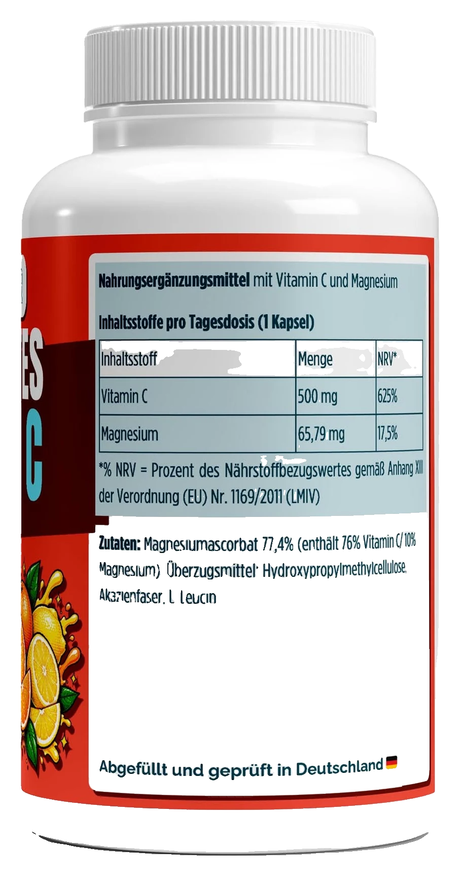 Gepuffertes Vitamin C 500mg - 240 Kapseln – Fit-Inn Remix-Etikett (Rückseite mit Etikett)