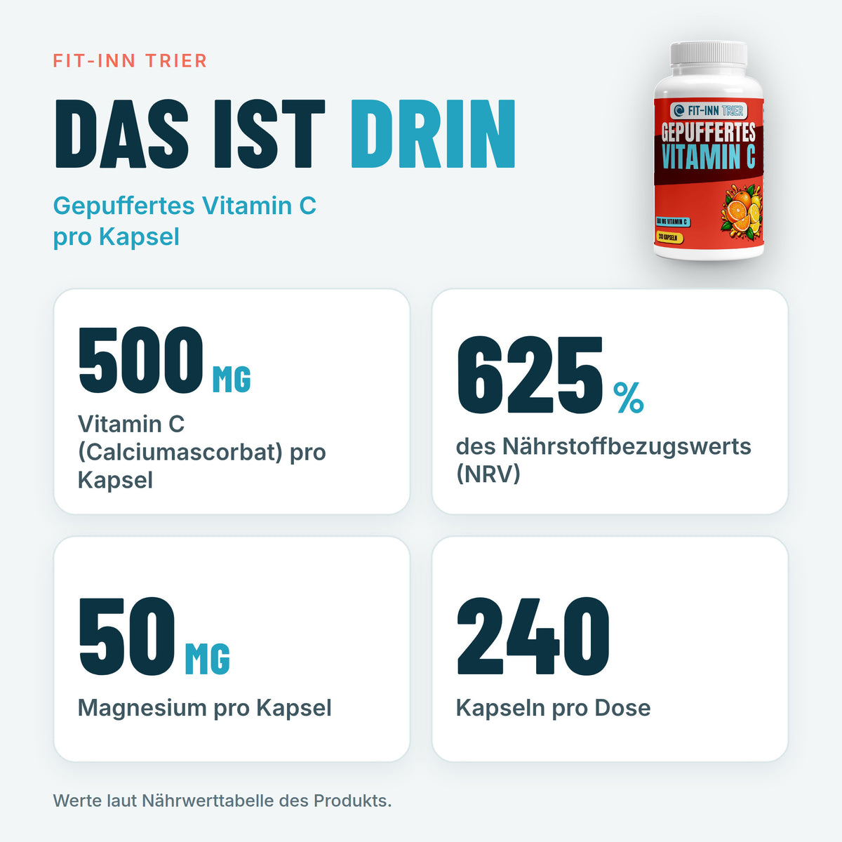 Gepuffertes Vitamin C 500mg + Magnesium - 240 Kapseln – Das ist drin