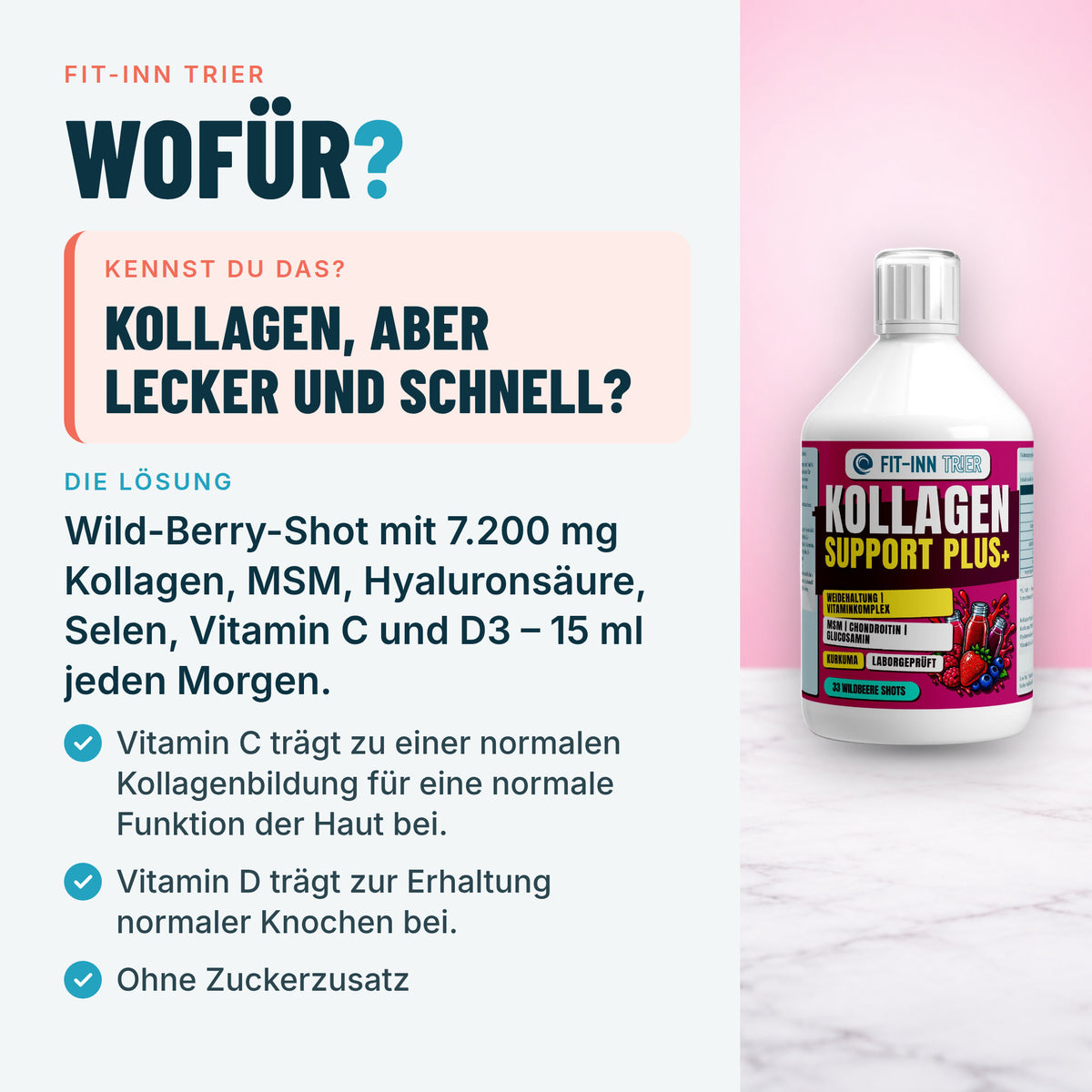 Kollagen Support PLUS+ Shots (1500 DA) - Wild Berry - 500ml – Wofür?