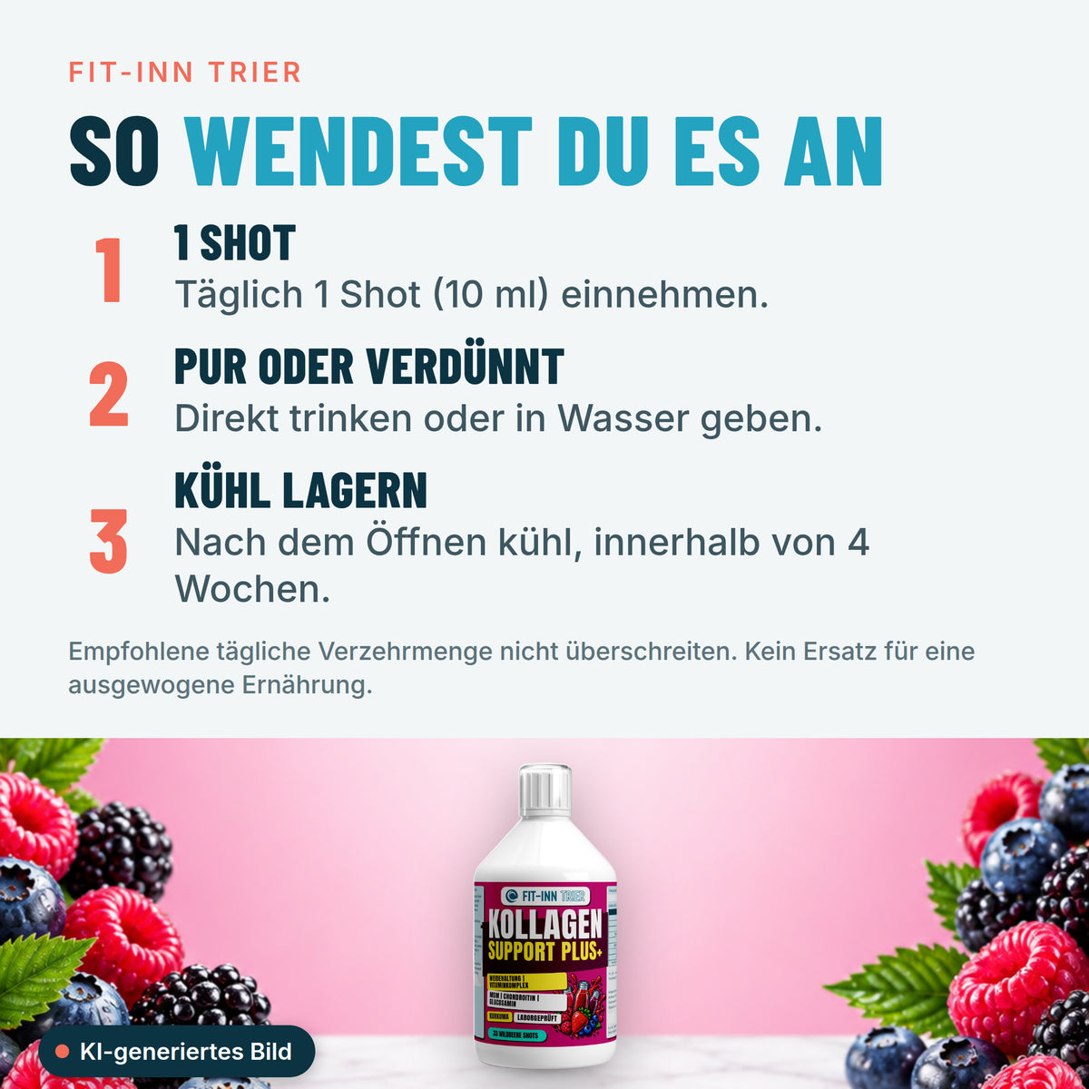Kollagen Support PLUS+ Shots (1500 DA) - Wild Berry - 500ml – So wendest du es an