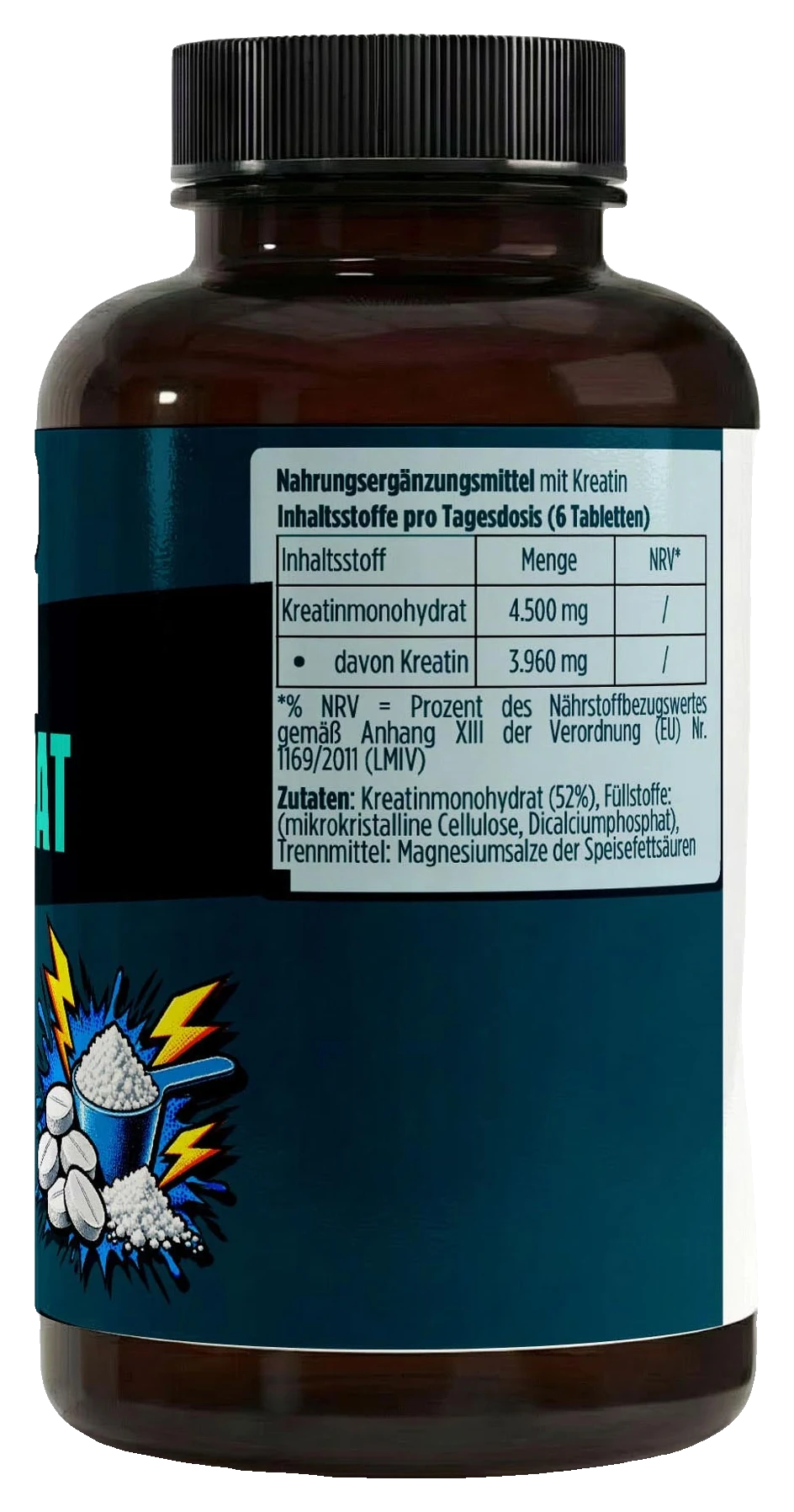 Kreatin Monohydrat - 180 vegane Tabletten – Fit-Inn Remix-Etikett (Rückseite mit Etikett)