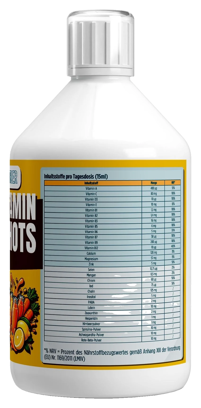 Multivitamin Basic Shots Plus+ - 500ml – Fit-Inn Remix-Etikett (Rückseite mit Etikett)
