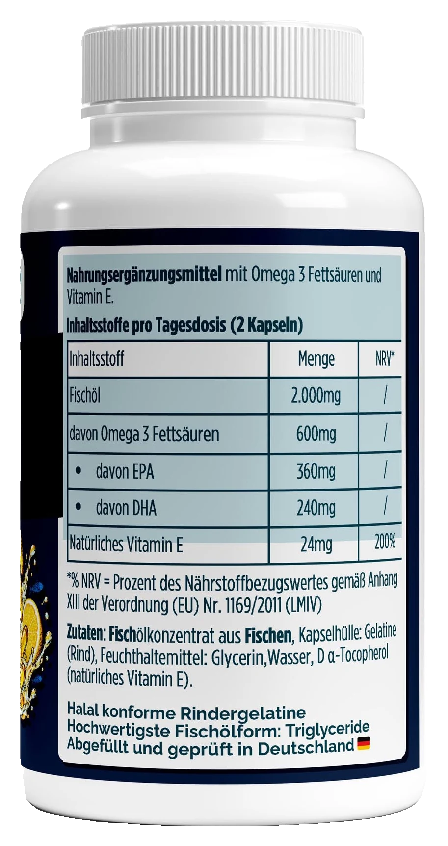 Omega 3 Triglyceride 18/12 (Halal Gelatine) - 120 Softgels – Fit-Inn Remix-Etikett (Rückseite mit Etikett)