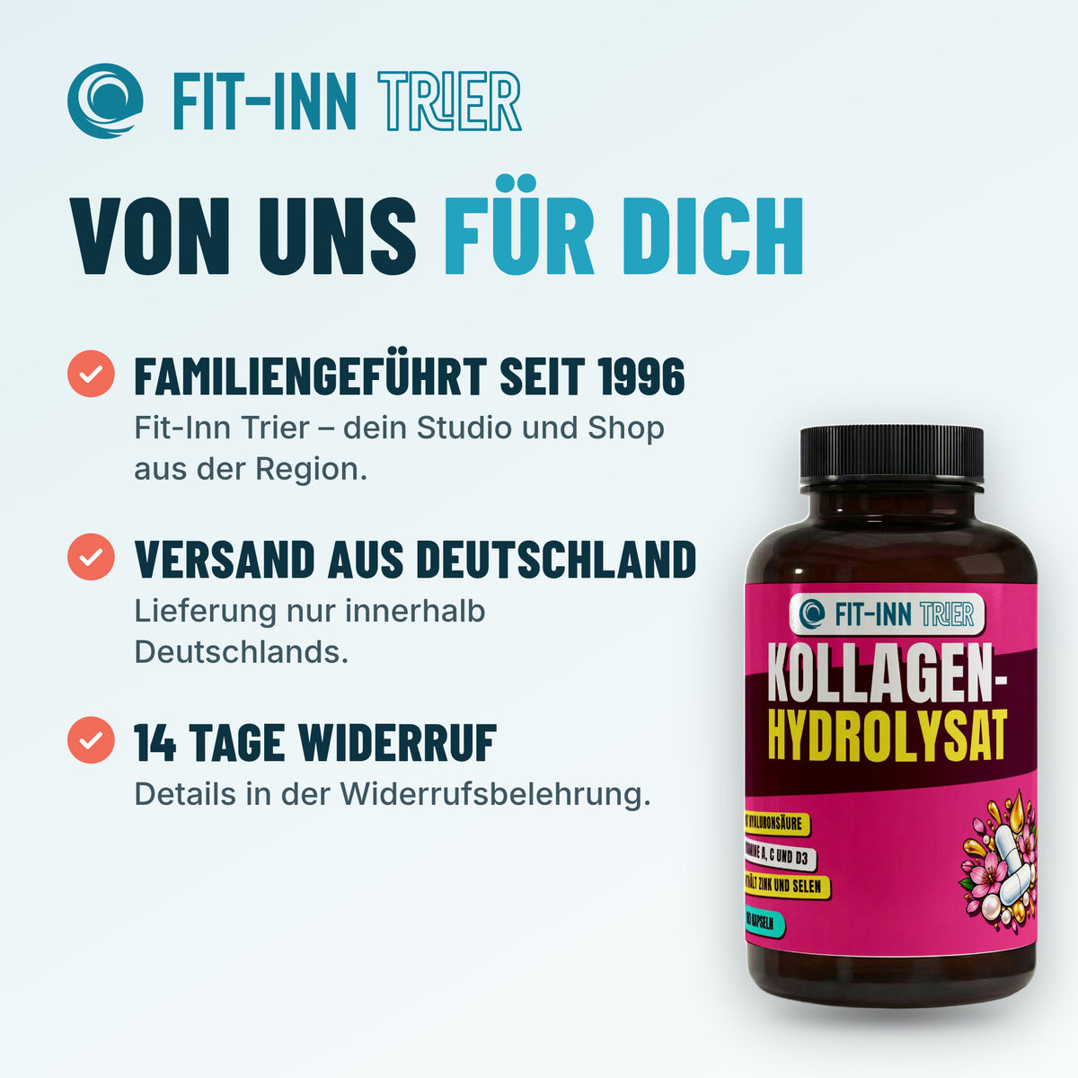 Premium Kollagenhydrolysat PLUS (3000-5000 DA ) - 180 Kapseln – Von uns für dich