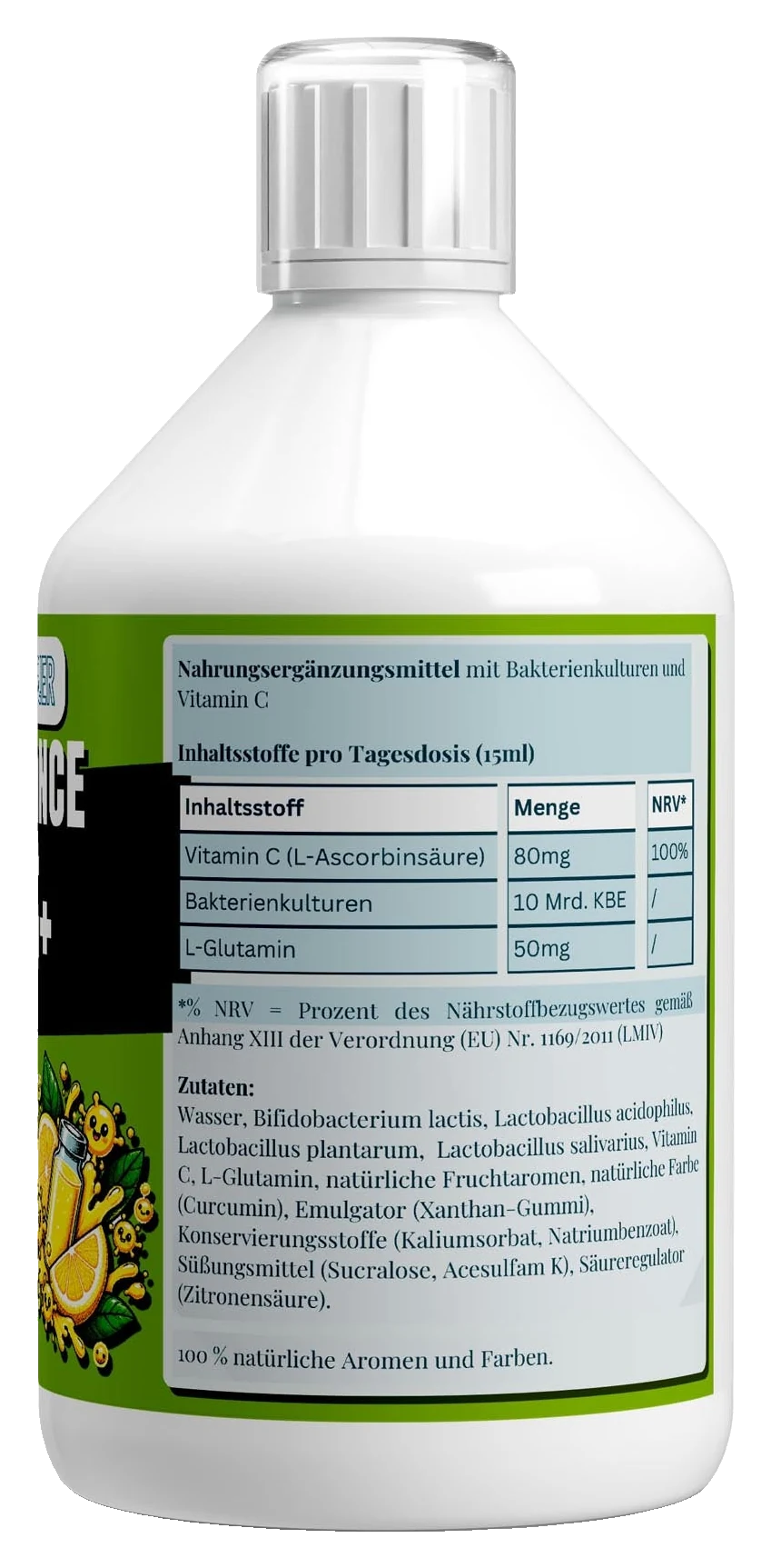 Vita Balance PLUS+ Bakterienkulturen - 33 vegane Lemon Shots - 500ml – Fit-Inn Remix-Etikett (Rückseite mit Etikett)