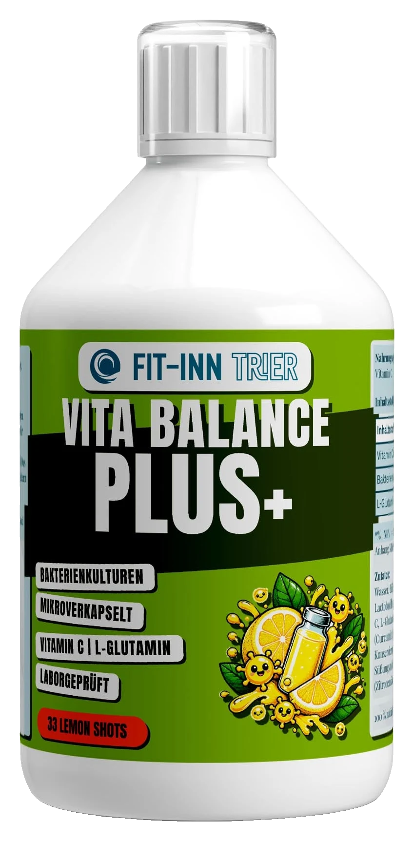 Vita Balance PLUS+ Bakterienkulturen - 33 vegane Lemon Shots - 500ml – Fit-Inn Remix-Etikett