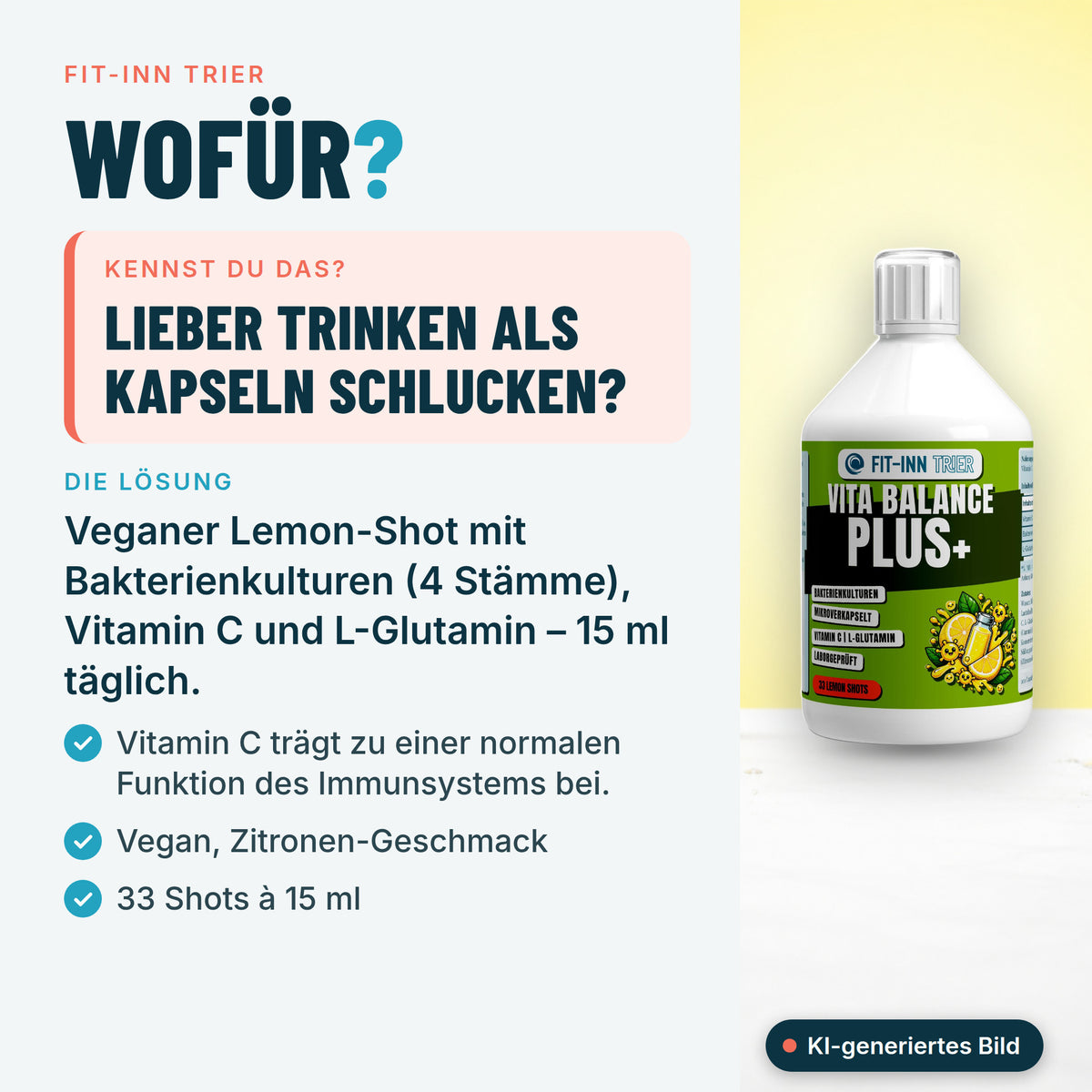 Vita Balance PLUS+  Bakterienkulturen - 33 vegane Lemon Shots - 500ml – Wofür?