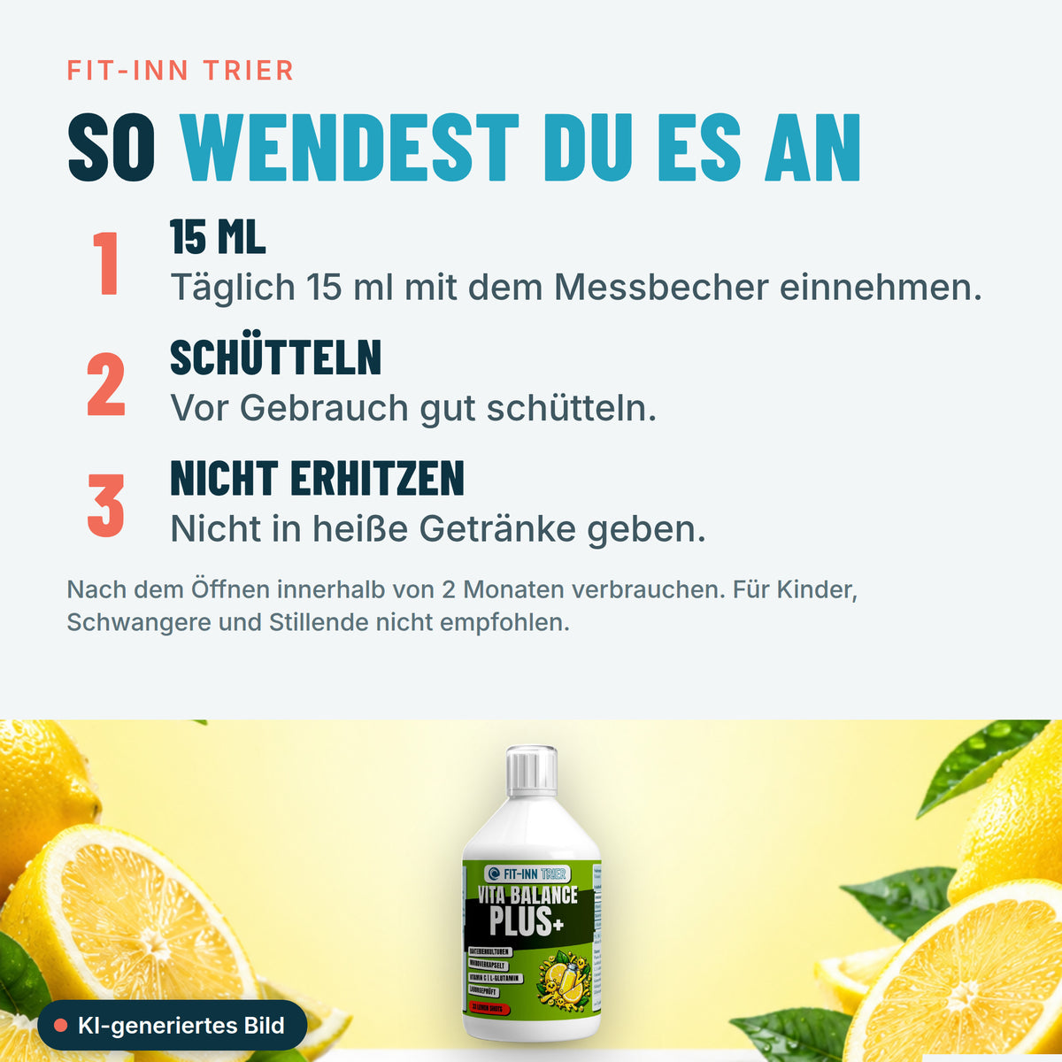 Vita Balance PLUS+  Bakterienkulturen - 33 vegane Lemon Shots - 500ml – So wendest du es an