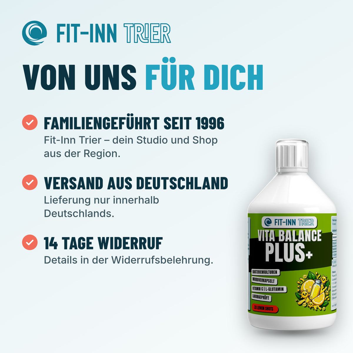 Vita Balance PLUS+  Bakterienkulturen - 33 vegane Lemon Shots - 500ml – Von uns für dich