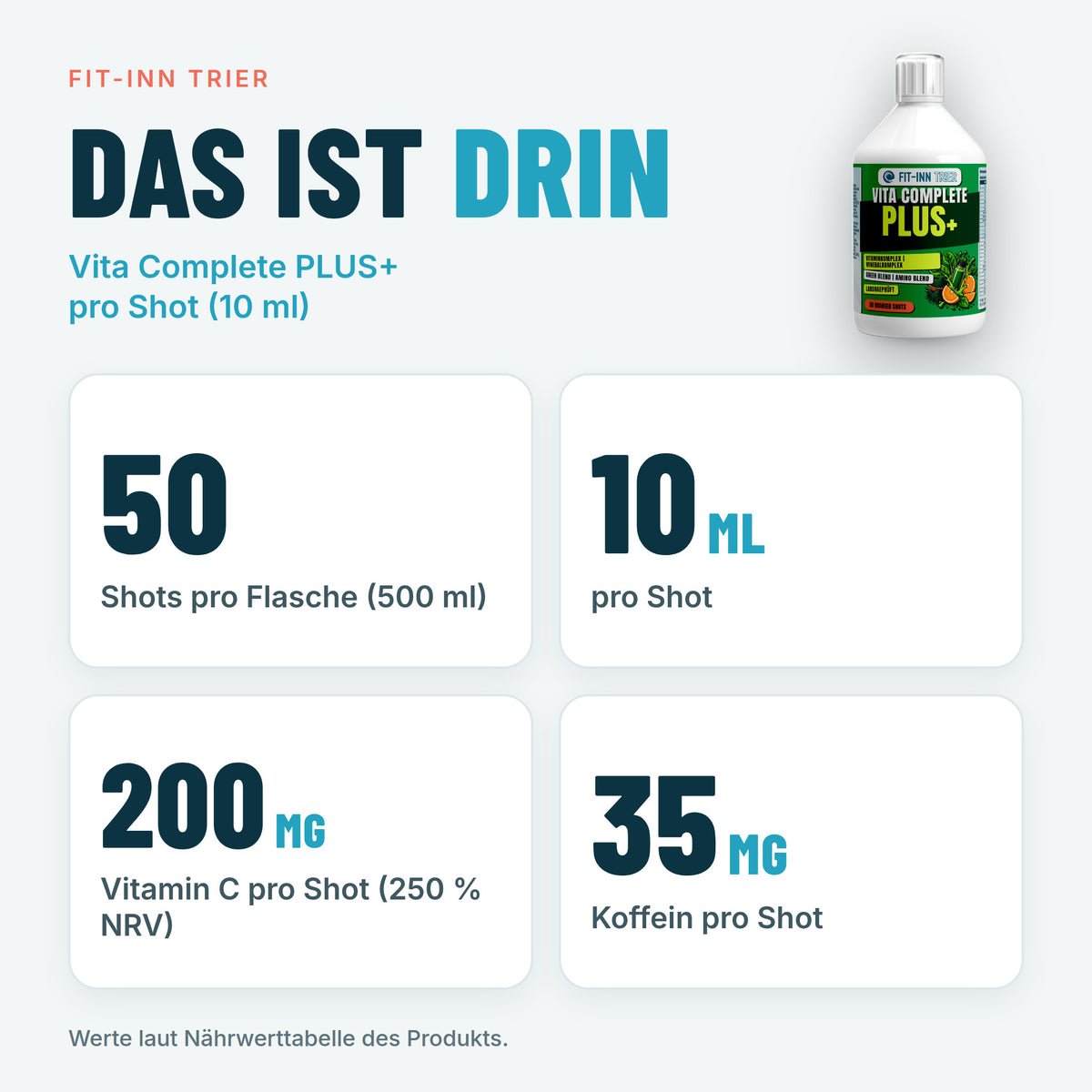 Vita Complete PLUS+ 50 vegane Shots - Fresh Orange - 500ml – Das ist drin