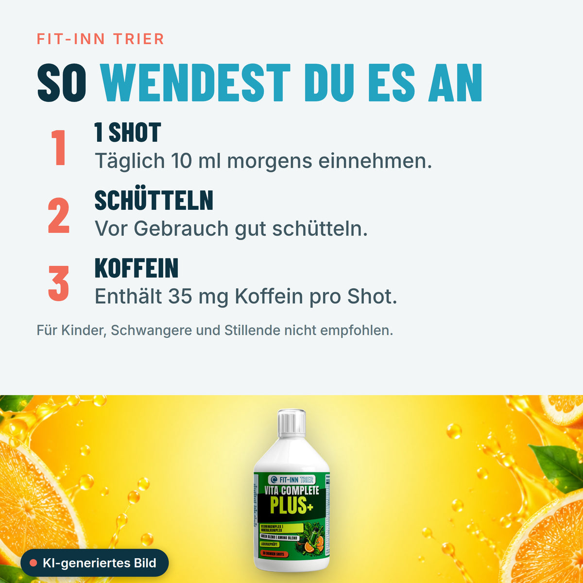 Vita Complete PLUS+ 50 vegane Shots - Fresh Orange - 500ml – So wendest du es an