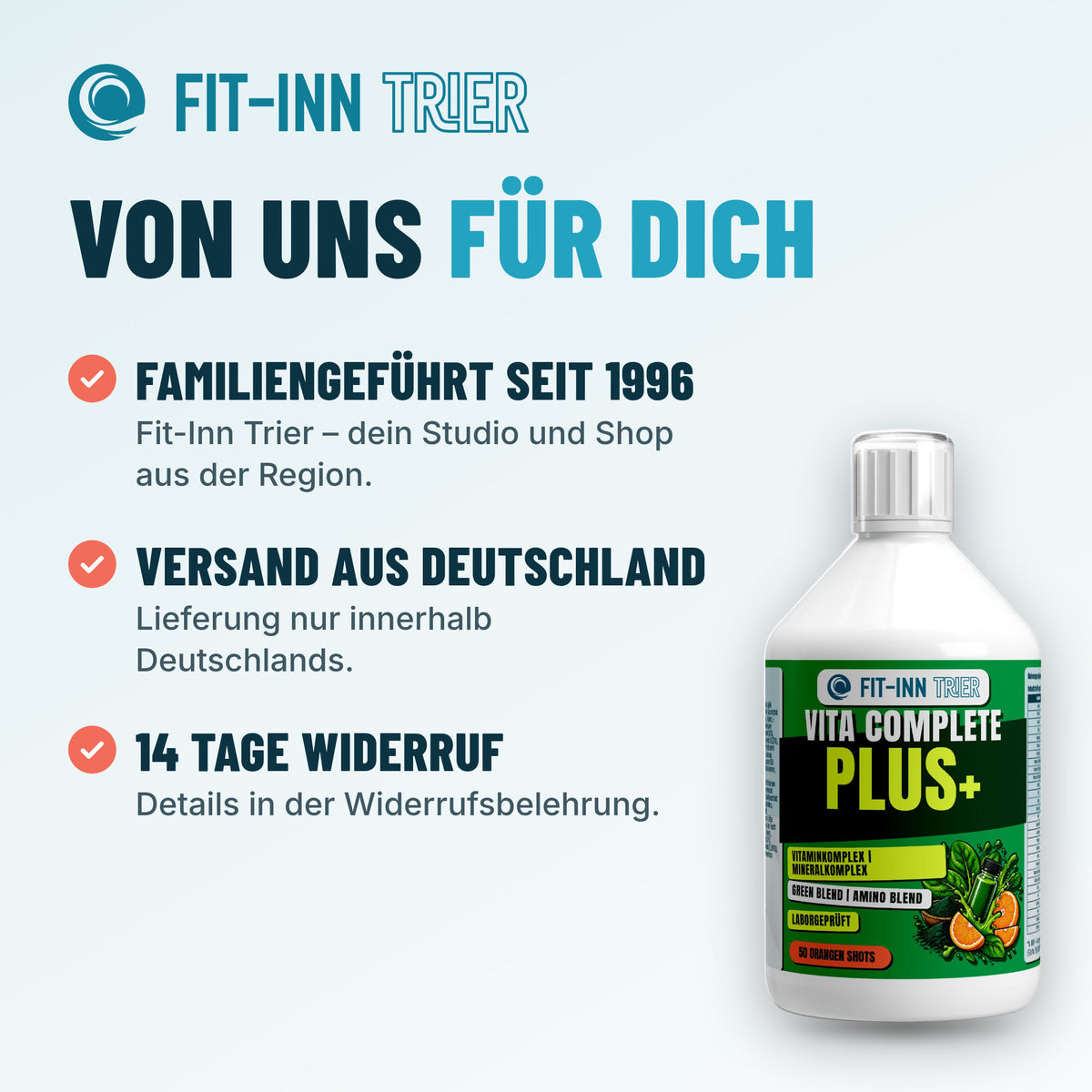 Vita Complete PLUS+ 50 vegane Shots - Fresh Orange - 500ml – Von uns für dich