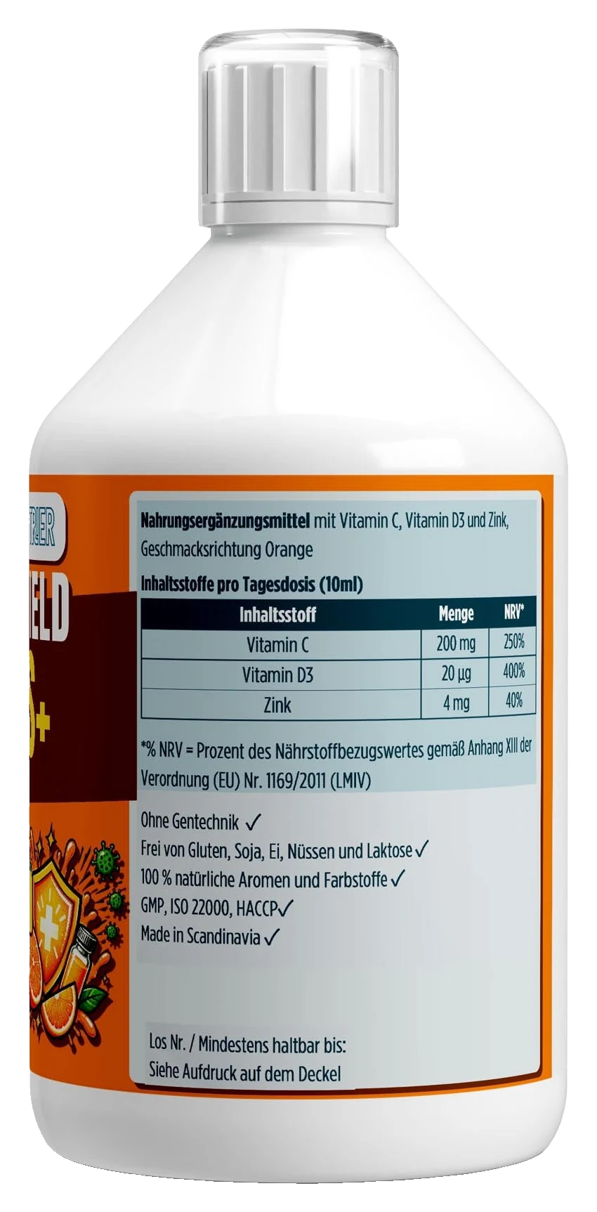 Vita Shield PLUS+ Shots - Fresh Orange - 500ml – Fit-Inn Remix-Etikett (Rückseite mit Etikett)