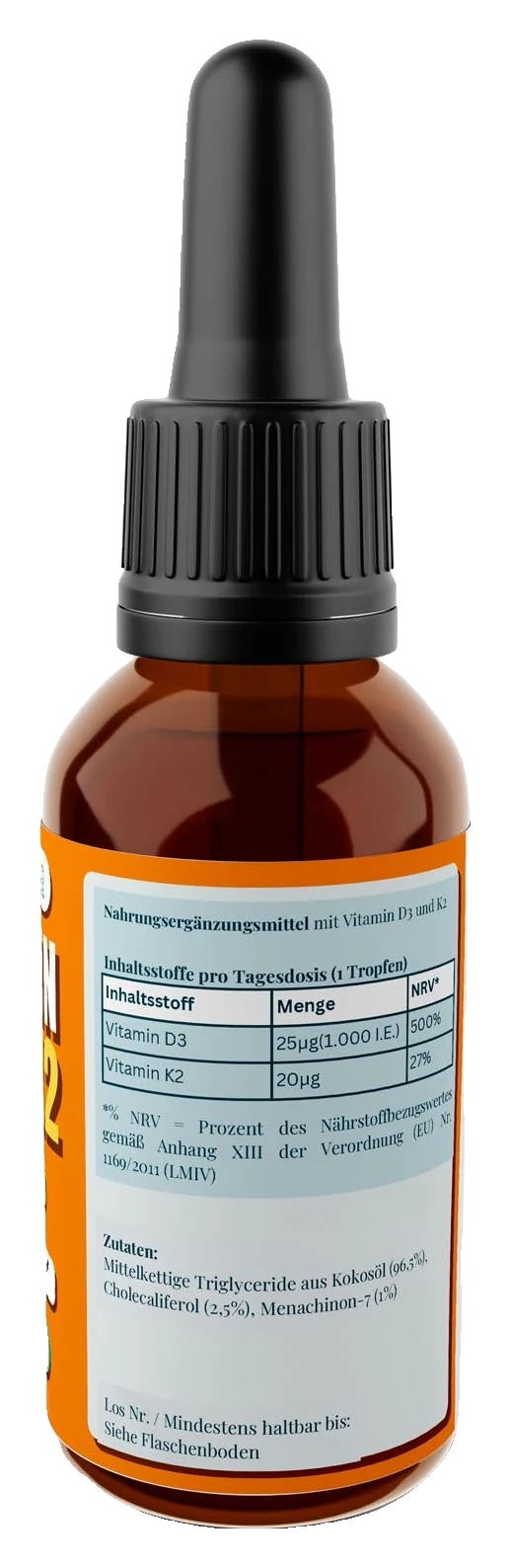 Vitamin D3 + K2 - 1.000 Tropfen (1.000 I.E.) - 50ml – Fit-Inn Remix-Etikett (Rückseite mit Etikett)