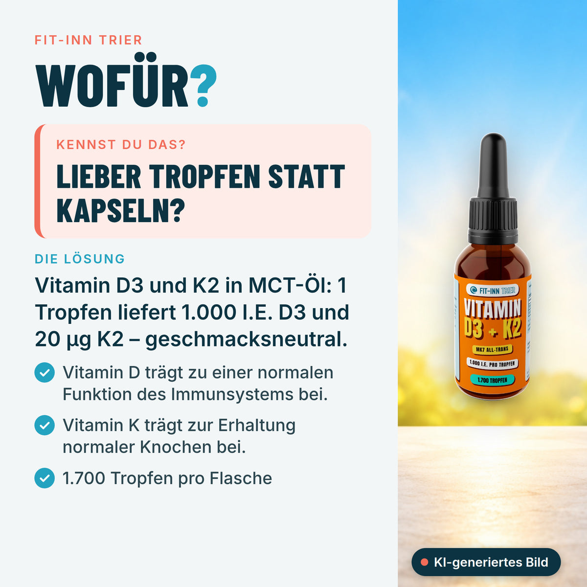 Vitamin D3 + K2 - 1.700 Tropfen (1.000 I.E.) - 50ml – Wofür?